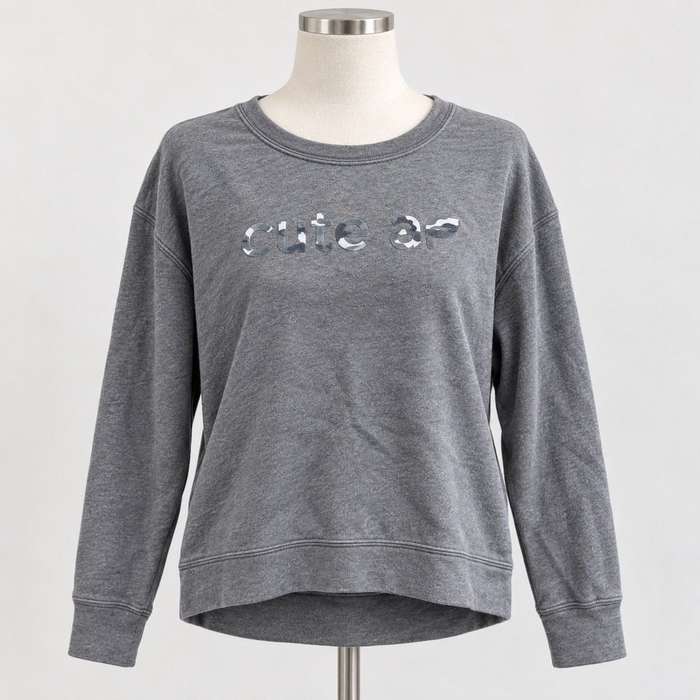 Fabletics Cute AF Camo Graphic Sweatshirt Gray Acid Wash Crewneck Small